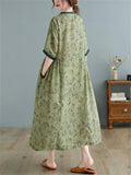 Female Retro Print V Neck Short Sleeve Linen Loose Dress