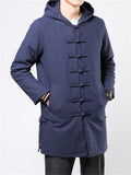 Men's Hooded Cotton Linen Mid-length Cotton Coats Solid Tang Suit