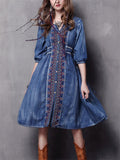 Ethnic Style Embroidery Half Sleeve Adjustable Waist Denim Dress