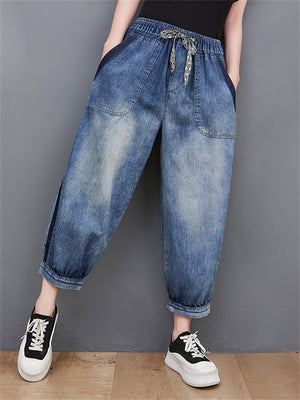 Female Leisure Washed Effect Drawstring Dark Blue Jeans