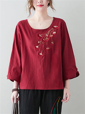 Female Ethnic Style Ginkgo Leaf Embroideried 3/4 Sleeve Shirt