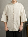 Solid Color Chinese Style 3/4 Sleeve Relaxed T-shirts for Men