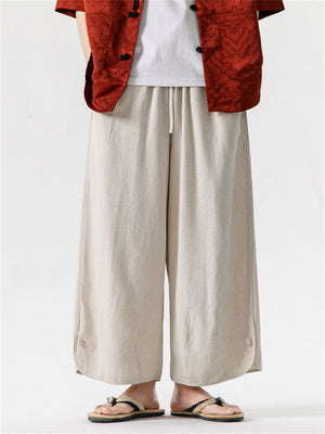 Men's Retro Simple Cotton Linen Drawstring Straight-Leg Pants