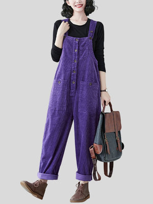 Women's Cute Square Neck Patch Pocket Corduroy Overalls