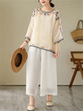 Ladies Ethnic Style Floral Embroidery Round Neck Shirts