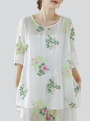 Female Lightweight Floral Leaf Embroidered Homewear Shirts