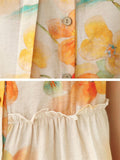 Elegant Daisy & Orange Print Lapel Pleated Shirt for Women