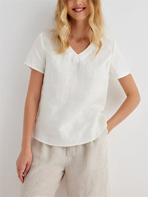 Simple Plain Deep V Neck Relaxed Linen Shirt for Women