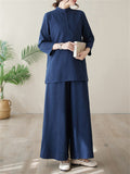 Women's Elegant Cozy Solid Color Stand Collar Shirt + Wide Leg Pants