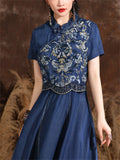 Women's Ethnic Style Hand-Embroidered A-Line Blue Denim Dress