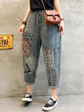 Female Ethnic Style Embroidery Patch Elastic Waist Denim Pants