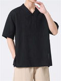 Men's Summer V Neck Short Sleeve Regular Fit Linen Shirt