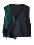 Casual Black Green Contrast Color Lace Up Vest + Lantern Skirt