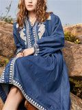 Women's Ethnic Style V Neck Puff Sleeve High-Rise Denim Dress