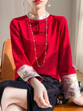 Spring Patchwork Stand Collar Long Sleeve Shirt for Women