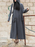 Lady Pure Color Literary Long Hooded Jacket with Pockets