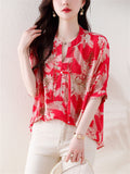 V Neck Tassel Button Floral Print Breathable Shirt for Lady