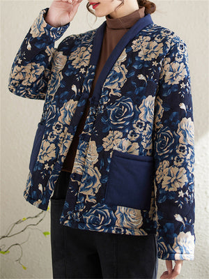 Women's Ethnic Thick Floral Print Fleece Lined Jacket