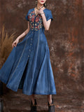 Women's Summer Ethnic Style V-neck Embroidered Denim Dresses