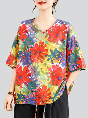 Summer Bright Daisy Print Drawstring Hem V-Neck Shirt for Female