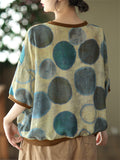 Women's Linen Silky Round Neck Short Sleeve Print Shirt