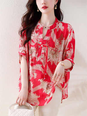 V Neck Tassel Button Floral Print Breathable Shirt for Lady