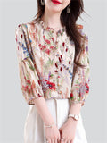 Ladies Ruffle Collar Lantern Sleeve 3D Floral Design Shirt