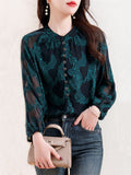 Women's Leisure Dark Green Jacquard Breathable Sleeve Chiffon Shirt