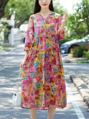 Spring Flower Print Hooded Long Dress for Women