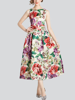 Female Vibrant Floral Print A-Line Sleeveless Dress