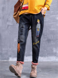 Women's Chic Embroidery Warm Plush Liner Dark Blue Jeans