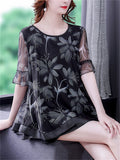 Elegant Round Neck Floral Print Smooth Chiffon Shirt for Lady