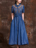 Women's Orange Leaf Embroidery Lapel Button Blue Denim Dress