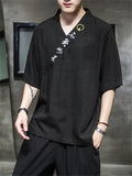 Men's Retro Linen V Neck Hanzi Embroidered Summer Shirt