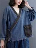 Retro Spliced Slanted V-neck Lace-up Lady Denim Jacket