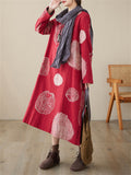 Lady Ethnic Style Polka Dot Fleece-lined Winter Cotton Linen Dress