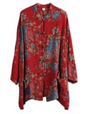 Women's Chinese Northeast Big Flower Print Knot Button Red Shirt