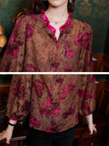 Rose Red Stand Collar Lantern Sleeve Retro Chiffon Shirt for Female