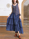 Lady Summer Sleeveless Plaid Splicing Dress with Irregular Hem