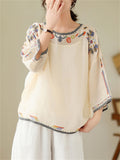 Ladies Ethnic Style Floral Embroidery Round Neck Shirts