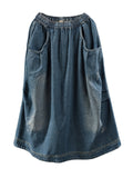 Retro Pocket Elastic Waist Blue Denim Skirt for Women