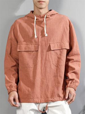 Male Pure Color Hooded Shirt with Double Pockets