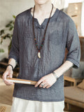 Chinese Style V-Neck Linen Blend T-shirt for Men