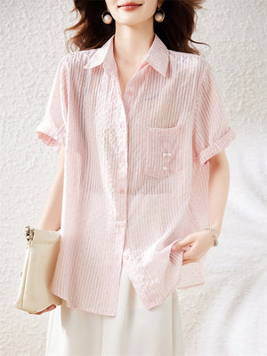 Light Pink Stripe Rhinestone Cozy Tencel Shirt for Women