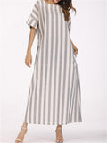 Female Gray White Striped Round Neck Pocket Dress