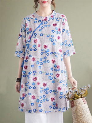 Rural Style Floral Print Cotton Linen Shirt