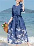 White Flower Print Round Neck Half Sleeve Blue Dress for Lady