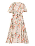 Ladies French Style V-Neck Floral Print Lantern Sleeve Dress