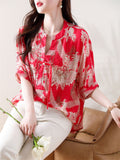 V Neck Tassel Button Floral Print Breathable Shirt for Lady