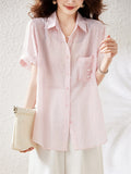 Light Pink Stripe Rhinestone Cozy Tencel Shirt for Women